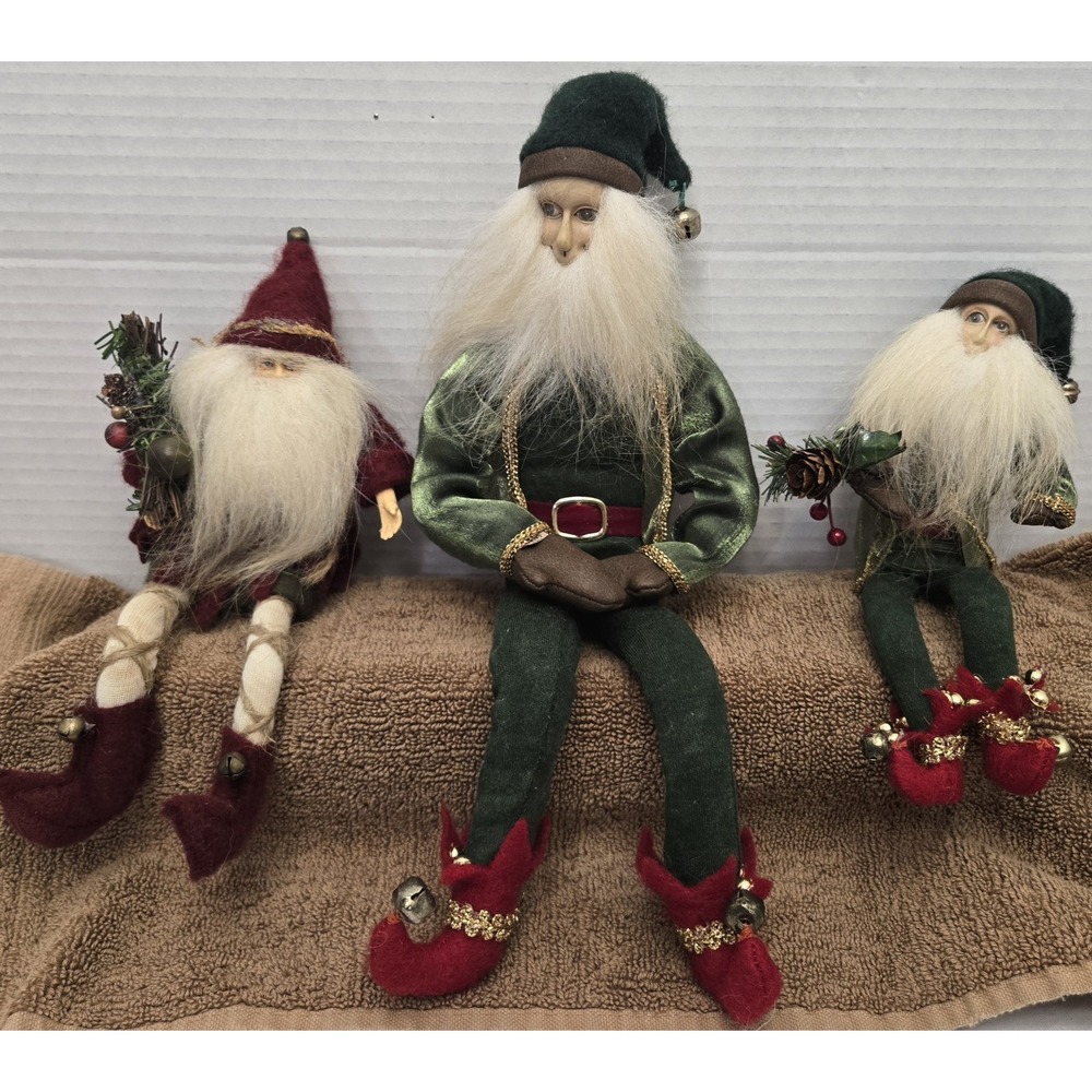 Vtg Candace Garrett Original Xmas Elf Dolls Set/3 Porcelain Art Shelf Sitters